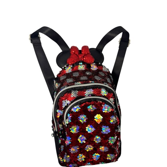 Disney Parks Minnie Mouse Reversible Sequined Mini Backpack RED/BLACK Silver Dot main image 12